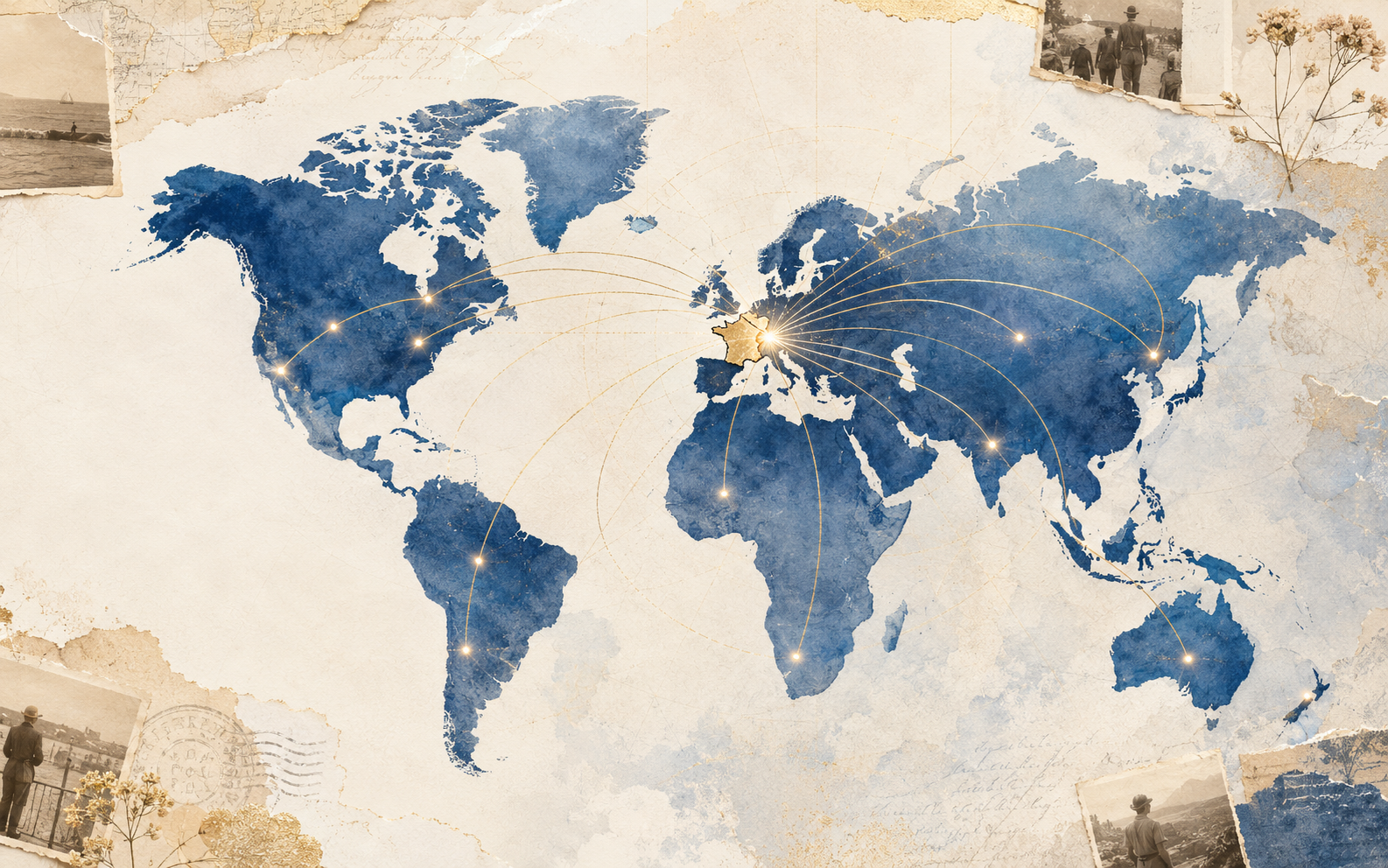 Carte du monde reliant symboliquement les familles Draussin